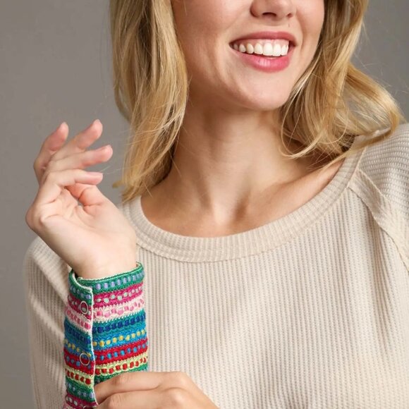 Umgee Babydoll Waffle Knit Multi Color Trim on Sleeve - Picture 2 of 2